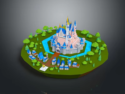 Cartoon Scenic Island With Majestic Castle Blue River Small Houses And Lush Trees 3d model