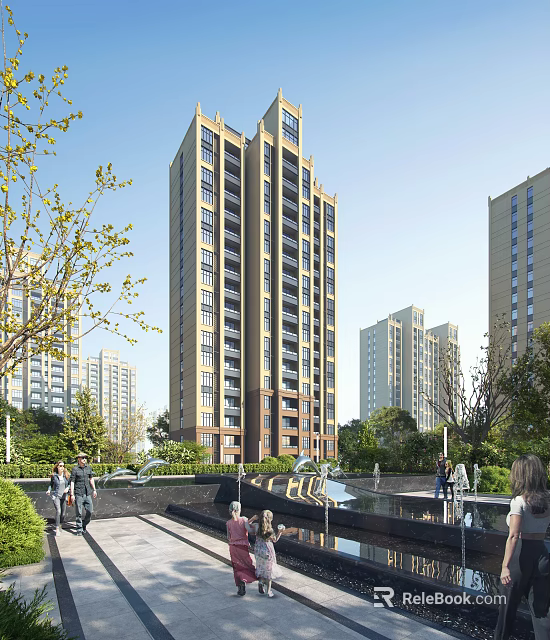 Modern High Rise Residential Building With Glass Brick Facade Greenery And People Walking 3d model 