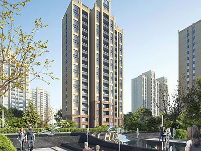 Modern High Rise Residential Building With Glass Brick Facade Greenery And People Walking 3d model