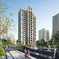 Modern High Rise Residential Building With Glass Brick Facade Greenery And People Walking