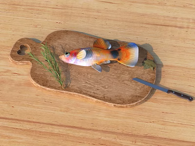 Fresh Colorful Fish On Wooden Cutting Board With Rosemary And Knife 3d model