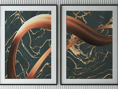 Two Framed Artworks With Dark Green Marble Background And Golden Curved Lines 3d model