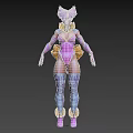 Game and Movie Character With Pink And Purple Hair Purple Bodysuit And Yellow Decorations