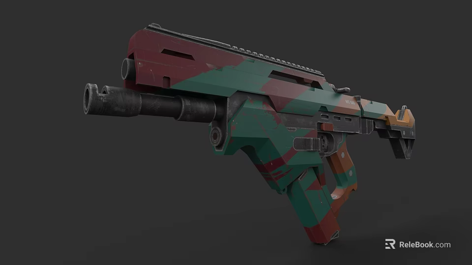 Futuristic Camouflage Weapon 3D Model Featuring Green Red Orange Patterns And Modern Design 3d model 