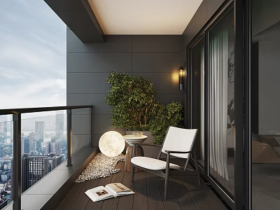 Home Balcony with White Chair Small Round Table Green Plants Wooden Floor and City View 3d model