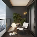 Home Balcony with White Chair Small Round Table Green Plants Wooden Floor and City View