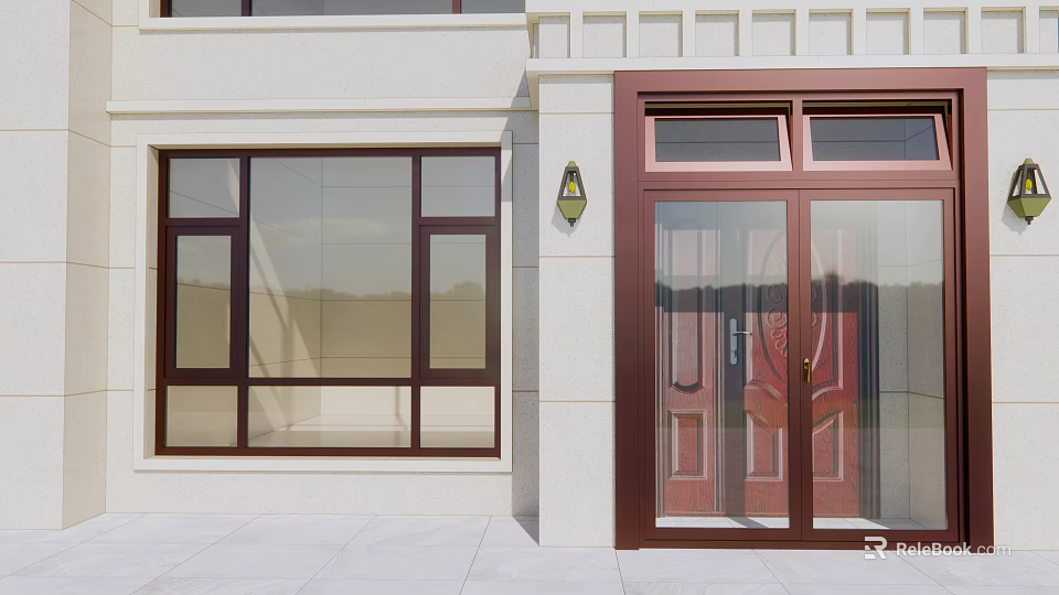 Elegant Entrance Door With Copper Frame Glass Window Wall Lamp And White Building Wall 3d model 