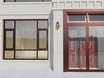 Elegant Entrance Door With Copper Frame Glass Window Wall Lamp And White Building Wall 3d model
