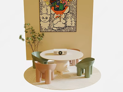 Round Kids Table with Colorful Chairs Cartoon Wall Art Small Plant and Soft Rug 3d model