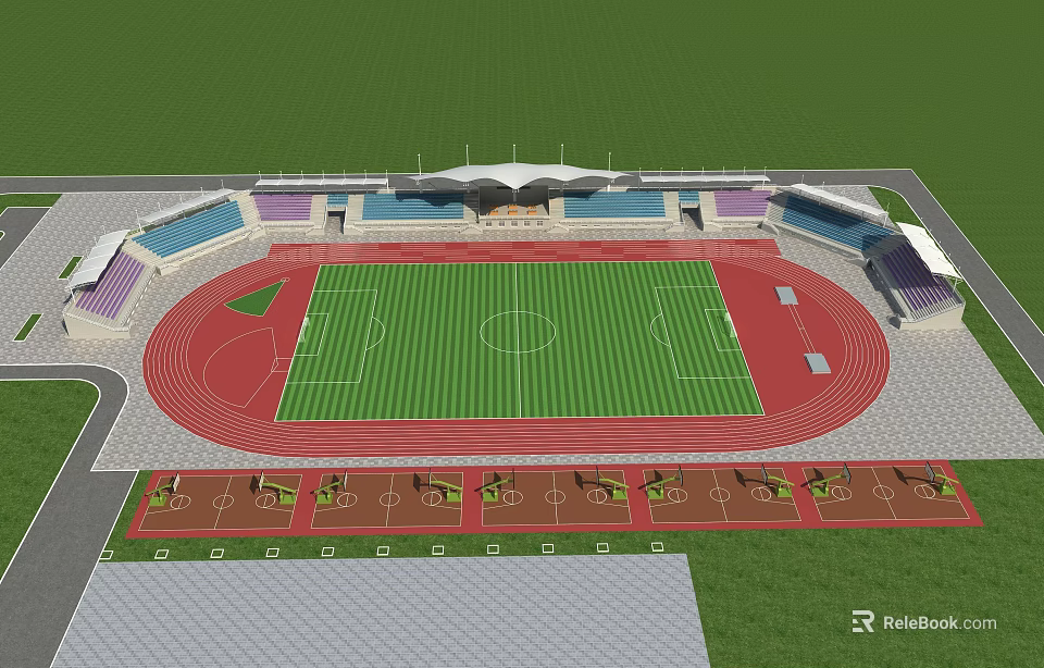 Sports Stadium With Red Running Track Green Football Field Grandstand Seats And Roof Structure 3d model 