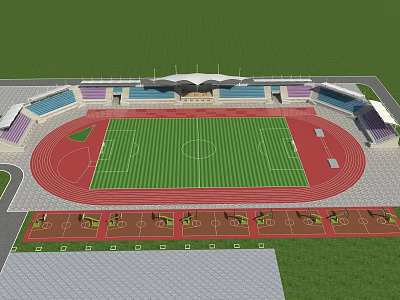 Sports Stadium With Red Running Track Green Football Field Grandstand Seats And Roof Structure 3d model