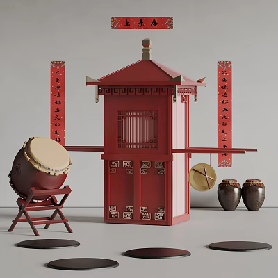 Traditional Chinese Decorative Scene With Sedan Chair Drum Couplets And Jars 3d model