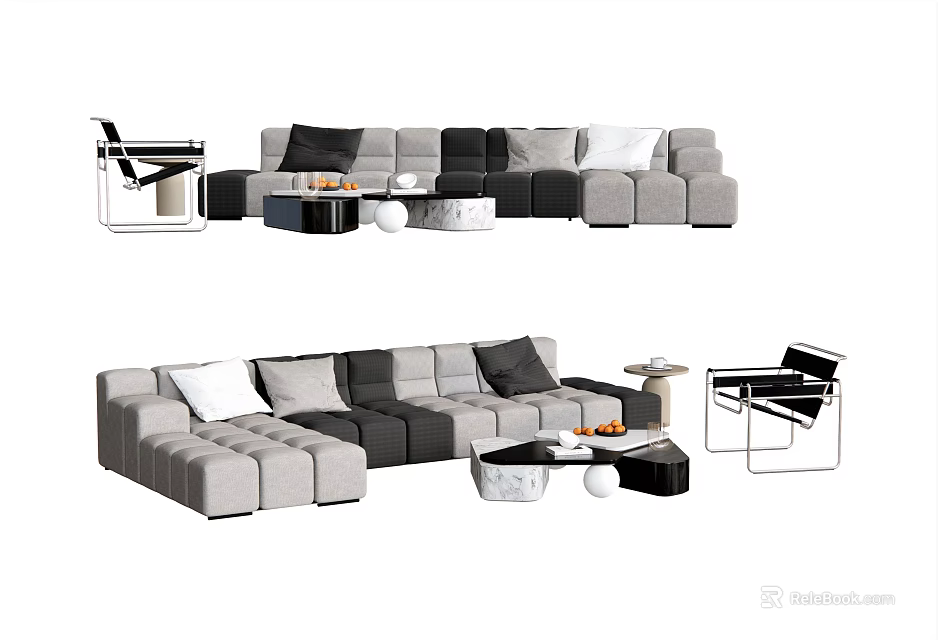 Modern Modular Gray Sofa And Coffee Table Combination With Accent Chairs Interior Design 3d model