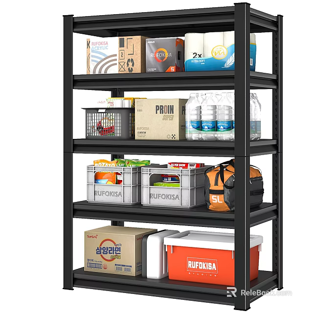 Multi Tier Storage Shelf With Storage Boxes Water Bottles Cardboard Packages And Orange Bag 3d model 