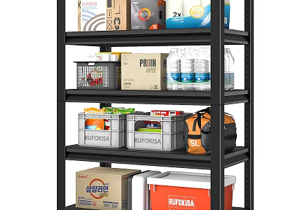 Multi Tier Storage Shelf With Storage Boxes Water Bottles Cardboard Packages And Orange Bag 3d model
