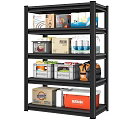 Multi Tier Storage Shelf With Storage Boxes Water Bottles Cardboard Packages And Orange Bag