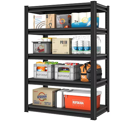 Multi Tier Storage Shelf With Storage Boxes Water Bottles Cardboard Packages And Orange Bag 3d model
