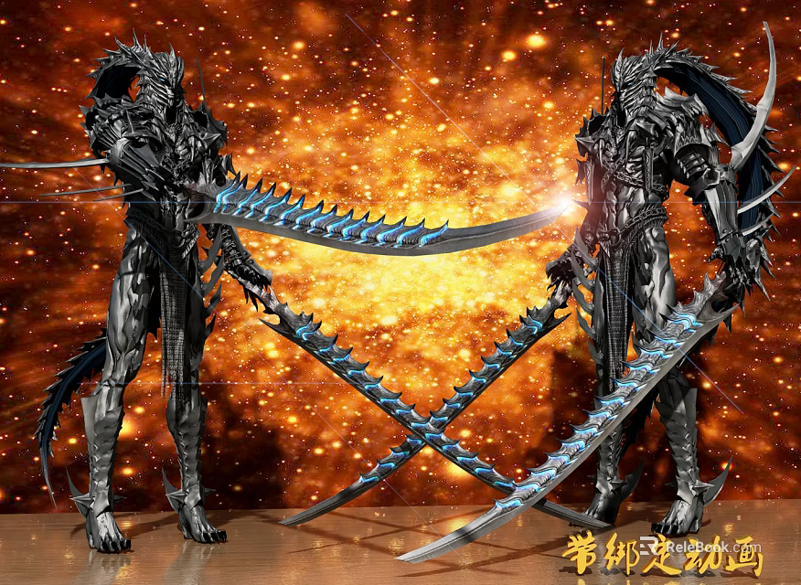 Game Movie Characters In Black Armor With Crossed Blue Glowing Swords And Golden Sparkling Background 3d model 
