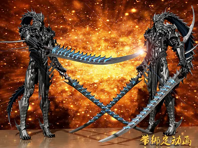 Game Movie Characters In Black Armor With Crossed Blue Glowing Swords And Golden Sparkling Background 3d model
