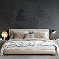 Modern Double Bed Bedroom Interior With Upholstered Headboard Soft Pillows Bedside Tables And Table Lamps