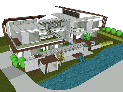 Modern Detached Villa With Glass Facade Waterfront And Landscaped Garden 3d model