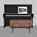 Black Piano and Art Supplies in Interior Design with Brown Bench and White Striped Tool