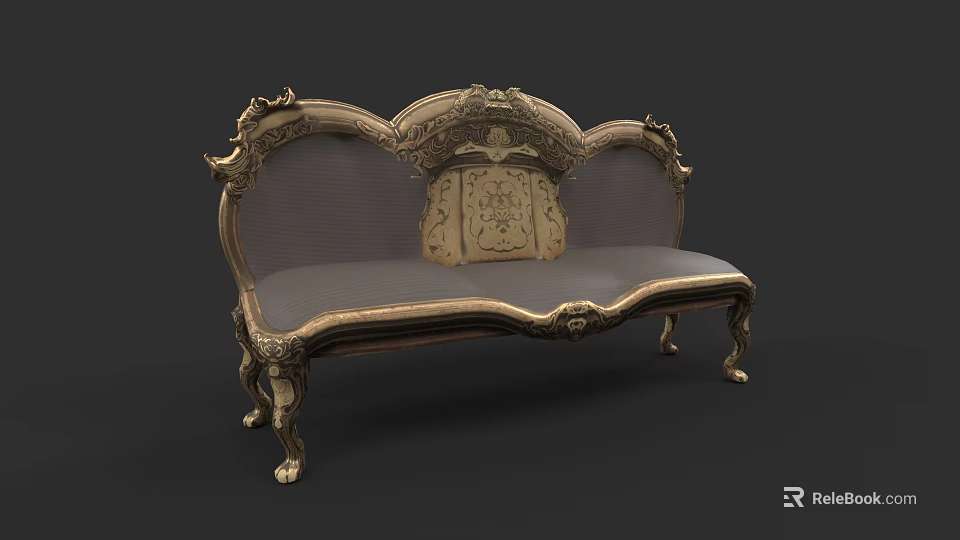 European Classic Unique shaped Sofa With Ornate Carved Details Gold Frame And Gray Fabric Cushion 3d model 