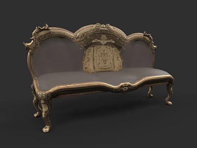 European Classic Unique shaped Sofa With Ornate Carved Details Gold Frame And Gray Fabric Cushion 3d model