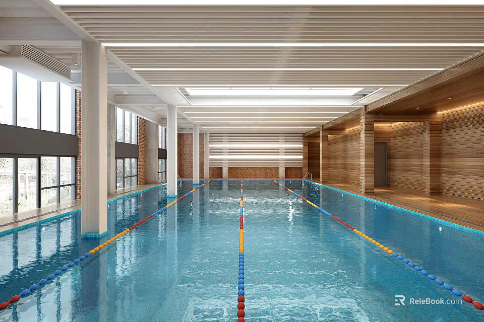 Indoor Swimming Pool With Clear Blue Water Lane Lines Wooden Walls And Large Windows 3d model 