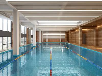 Indoor Swimming Pool With Clear Blue Water Lane Lines Wooden Walls And Large Windows 3d model