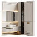 Modern Minimalist Bathroom Washbasin With Backlit Mirror Wooden Cabinet Marble Countertop And Ambient Lighting