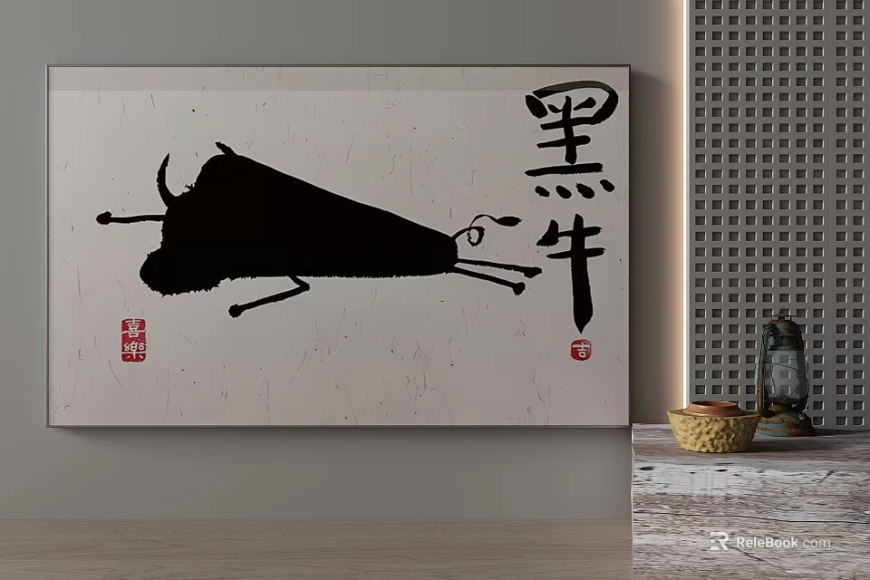Traditional Chinese Black Ox Painting With Calligraphy On Canvas Wall Art 3d model 