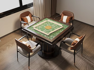 Mahjong Table With Green Surface And Four Chairs In Room With Wooden Floor And Curtains 3d model