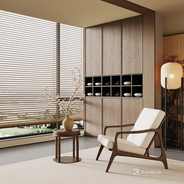 Home Balcony Interior with Wooden Wall Blinds Armchair Side Table Vase and Floor Lamp 3d model 