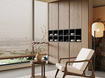 Home Balcony Interior with Wooden Wall Blinds Armchair Side Table Vase and Floor Lamp 3d model