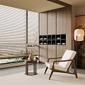 Home Balcony Interior with Wooden Wall Blinds Armchair Side Table Vase and Floor Lamp