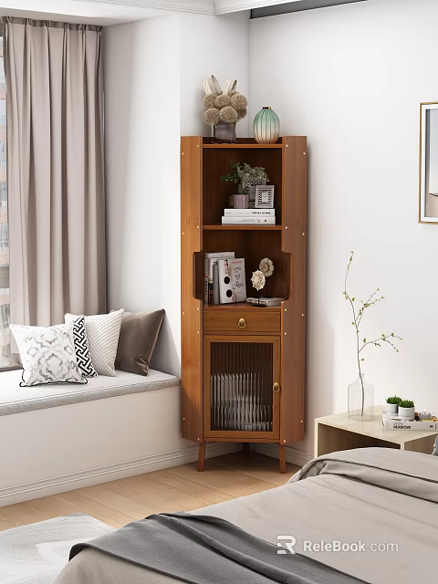 Wooden Storage Cabinet With Books Photo Frame And Plants In Living Room Sofa Area 3d model 