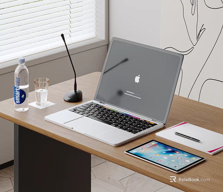 Office Desk Setup With Apple Laptop Tablet Microphone And Water Bottle 3d model 