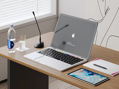 Office Desk Setup With Apple Laptop Tablet Microphone And Water Bottle 3d model