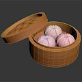 Three Soft Pink Steamed Buns in Open Bamboo Steamer with Lid