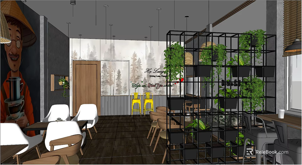 Cozy Restaurant Interior With Green Plants Black Metal Shelves Wooden Tables And Tree Pattern Wallpaper 3d model 