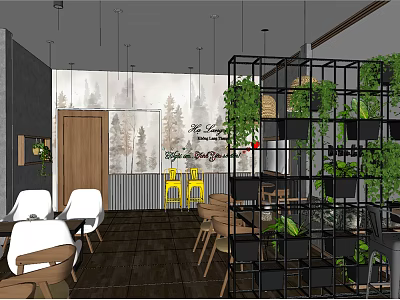 Cozy Restaurant Interior With Green Plants Black Metal Shelves Wooden Tables And Tree Pattern Wallpaper 3d model