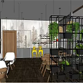 Cozy Restaurant Interior With Green Plants Black Metal Shelves Wooden Tables And Tree Pattern Wallpaper