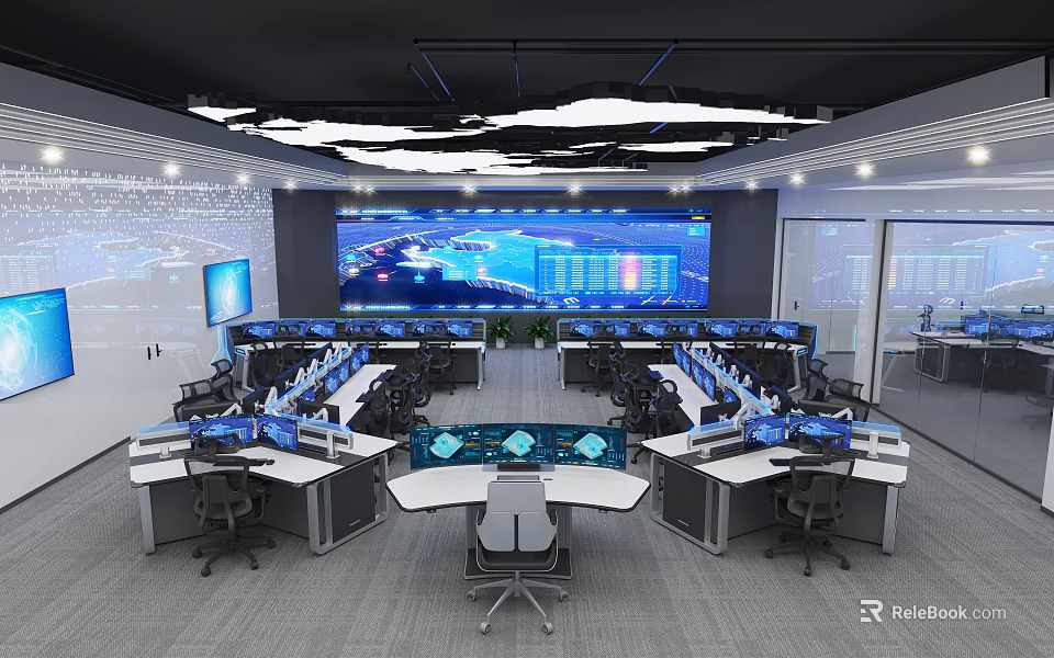 Modern Control Room Interior With Multiple Workstations Large Screen Displays And Office Chairs 3d model 