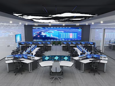 Modern Control Room Interior With Multiple Workstations Large Screen Displays And Office Chairs 3d model
