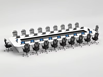 Long Functional Desk with Multiple Ergonomic Chairs and Computer Monitors for Office Conference Setup 3d model