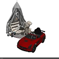 Electric Toy Red Convertible Car for Kids with Play Tent Cozy Sofa and Moon Decoration