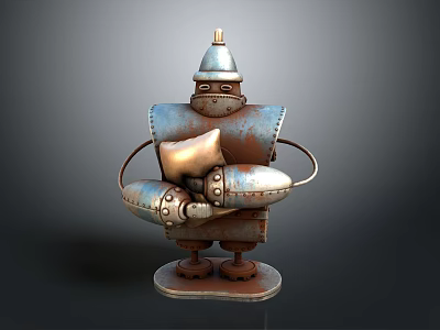 Rusty Metal Robot Sculpture With Hat Holding Pillow On Base 3d model
