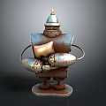Rusty Metal Robot Sculpture With Hat Holding Pillow On Base