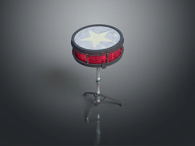 Red Snare Drum With White Head Star Pattern And Metal Stand 3d model
